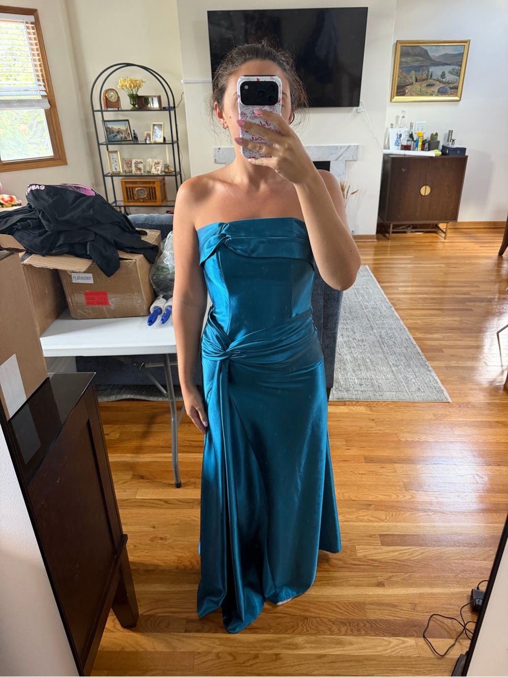 Jessica McClintock Strapless Teal Satin Maxi Gown